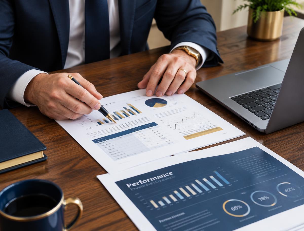 Consultant reviewing printed performance reports and charts
