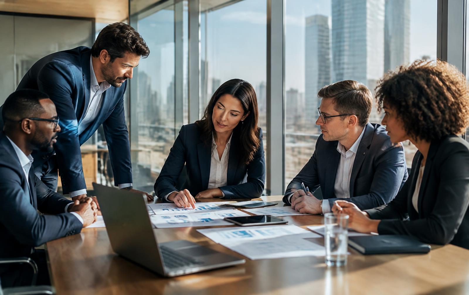 Consultants reviewing strategy documents with a client team in a conference room